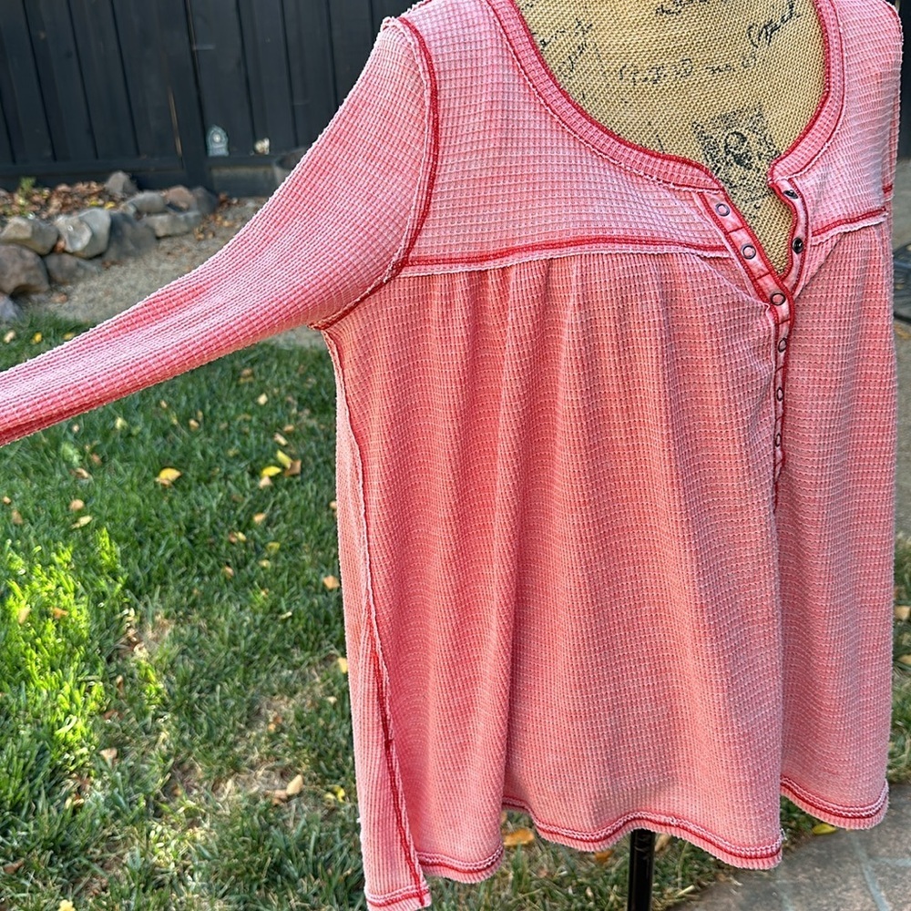 Free People Pink Waffle Knit Henley Top - Picture 3 of 9